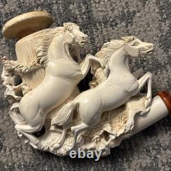 RARE Large Antique WDC Meerschaum Pipe with2 Hand Carved Horses & Original Case