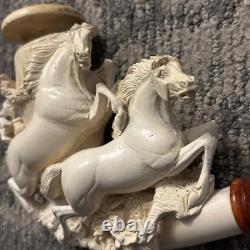 RARE Large Antique WDC Meerschaum Pipe with2 Hand Carved Horses & Original Case