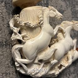 RARE Large Antique WDC Meerschaum Pipe with2 Hand Carved Horses & Original Case