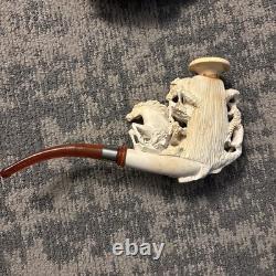 RARE Large Antique WDC Meerschaum Pipe with2 Hand Carved Horses & Original Case