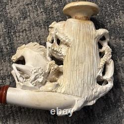 RARE Large Antique WDC Meerschaum Pipe with2 Hand Carved Horses & Original Case