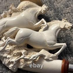 RARE Large Antique WDC Meerschaum Pipe with2 Hand Carved Horses & Original Case