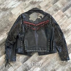 RARE True Vintage Studded Eagle Western Biker Fringe Leather Jacket Size Large