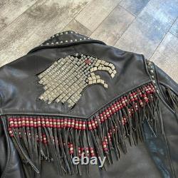RARE True Vintage Studded Eagle Western Biker Fringe Leather Jacket Size Large
