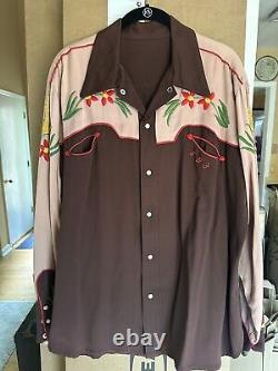 RARE VINTAGE 1940s/ 1950'S BROWN GABARDINE WESTERN SHIRT SIZE XL