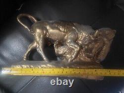 RARE Vintage Mid-Century large Bronze SCULPTURE Bear Bull Fight Wall Street