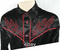 RED BLACK satin Flame fire embroidered cowboy western shiny shirt large ratrod