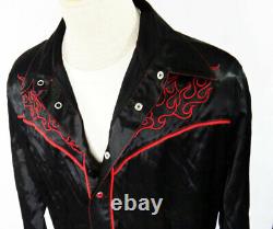 RED BLACK satin Flame fire embroidered cowboy western shiny shirt large ratrod