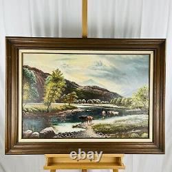 RUSTY JONES Large Vintage Western Country Landscape Cow Herd Oil on Canvas