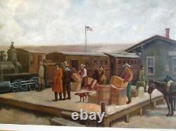 Rare Large 24 x 54 Framed Antique Painting Of Train Station, Native Americans