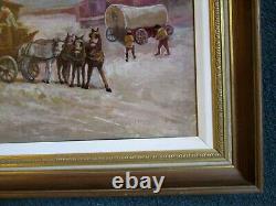 Rare Large 24 x 54 Framed Antique Painting Of Train Station, Native Americans