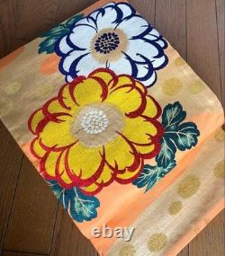 Rare antique Taisho modern, large embroidered Western flowers with gold