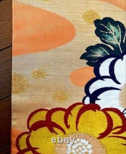 Rare antique Taisho modern, large embroidered Western flowers with gold