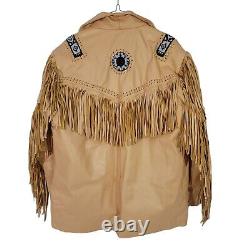 Real Leather Brand Vintage Tan Leather Fringe Embellished Western Jacket Large