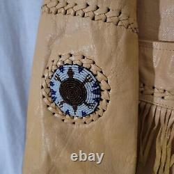 Real Leather Brand Vintage Tan Leather Fringe Embellished Western Jacket Large