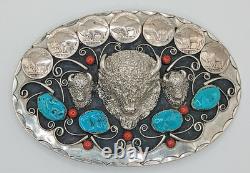 SIGNED very Large Turquoise Coral Buffalo & Buffalo Nickel Belt Buckle