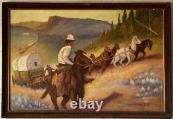 SMITH ANTIQUE OLD WESTERN COWBOY LANDSCAPE IMPRESSIONIST OIL PAINTING HORSES 60s