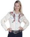 Scully Women's Colorful Horse Embroidered Long Sleeve Pearl Snap Shirt Cream