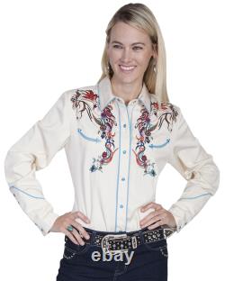 Scully Women's Colorful Horse Embroidered Long Sleeve Pearl Snap Shirt Cream