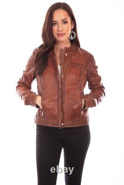 Scully Womens Antique Brown Lamb Leather Cafe Racer Jacket L