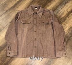 Sears Roebucks Denim Western Shirt Mens Large Brown Embroidery Ranch Rodeo 70s