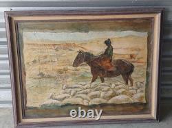 Signed Western Antique Landscape Impressionist Oil Painting Horse Sheeps Scene
