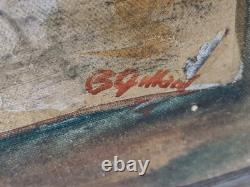 Signed Western Antique Landscape Impressionist Oil Painting Horse Sheeps Scene