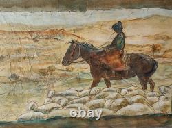 Signed Western Antique Landscape Impressionist Oil Painting Horse Sheeps Scene