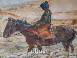Signed Western Antique Landscape Impressionist Oil Painting Horse Sheeps Scene
