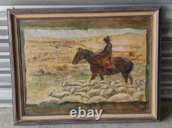 Signed Western Antique Landscape Impressionist Oil Painting Horse Sheeps Scene