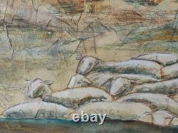 Signed Western Antique Landscape Impressionist Oil Painting Horse Sheeps Scene