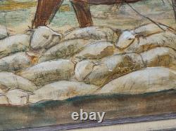 Signed Western Antique Landscape Impressionist Oil Painting Horse Sheeps Scene