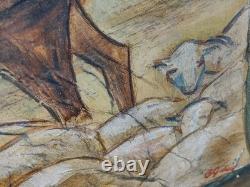 Signed Western Antique Landscape Impressionist Oil Painting Horse Sheeps Scene