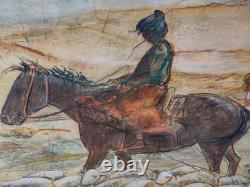 Signed Western Antique Landscape Impressionist Oil Painting Horse Sheeps Scene