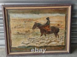 Signed Western Antique Landscape Impressionist Oil Painting Horse Sheeps Scene
