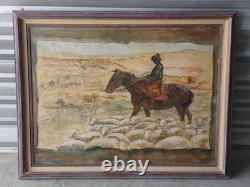 Signed Western Antique Landscape Impressionist Oil Painting Horse Sheeps Scene