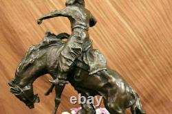Signed Western Cowboy with Bucking Horse Bronze Sculpture Art Deco Wild West LRG