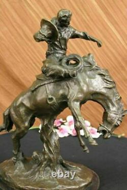 Signed Western Cowboy with Bucking Horse Bronze Sculpture Art Deco Wild West LRG