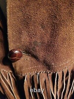 Suede Fringe Western Wear Jacket Button Down Vintage Chocolate Brown Large