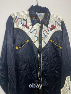 True Vintage 1950's Silk Saddle King Pearl Snap Western Shirt Chainstitch Art