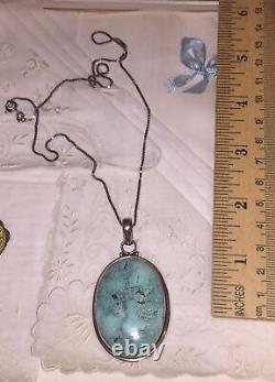Turquoise Blue Sterling Silver Large Pendant 18 Box Chain Necklace Vtg Minte