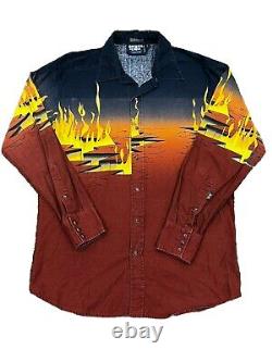 VERY RARE Vintage 90s Brooks Dunn Panhandle Slim Pearl Snap Western Shirt Flames