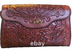 VINTAGE 1960's JOO-KAY HANDTOOLED LEATHER EMBOSSED PURSE Western Boho Size Lrg