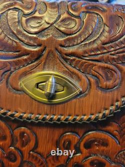 VINTAGE 1960's JOO-KAY HANDTOOLED LEATHER EMBOSSED PURSE Western Boho Size Lrg