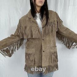 VINTAGE 60s/70s Suede Tan Western Hippie Fringe Jacket, Size Large