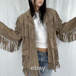 VINTAGE 60s/70s Suede Tan Western Hippie Fringe Jacket, Size Large
