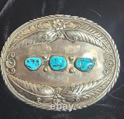 VINTAGE UNIQUE! NAVAJO STERLING TURQUOISE BELT BUCKLE! 98.2 g L O SIGN GREAT