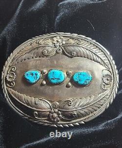 VINTAGE UNIQUE! NAVAJO STERLING TURQUOISE BELT BUCKLE! 98.2 g L O SIGN GREAT