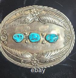 VINTAGE UNIQUE! NAVAJO STERLING TURQUOISE BELT BUCKLE! 98.2 g L O SIGN GREAT