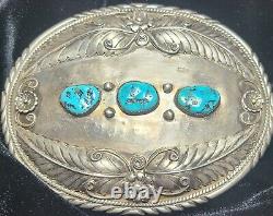 VINTAGE UNIQUE! NAVAJO STERLING TURQUOISE BELT BUCKLE! 98.2 g L O SIGN GREAT